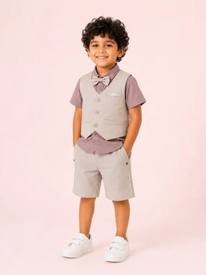 BloomUp Lilac & Beige 4-Piece Party Wear Set for Boys – Waistcoat, Shirt, Bow Tie & Shorts Outfit