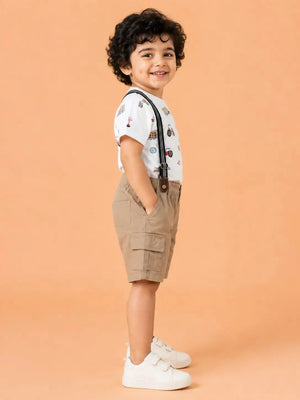 BloomUp White Construction Vehicle Print T-Shirt with Beige Cargo Shorts & Suspenders Co-ord Set for Boys – Soft Cotton Summer Outfit