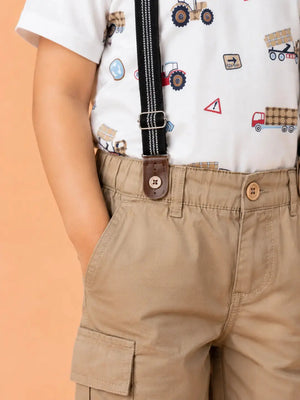 BloomUp White Construction Vehicle Print T-Shirt with Beige Cargo Shorts & Suspenders Co-ord Set for Boys – Soft Cotton Summer Outfit