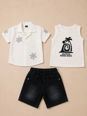 BloomUp White Embroidered 3-Piece Casual Set for Boys – Shirt, Graphic T-Shirt & Denim Shorts Outfit