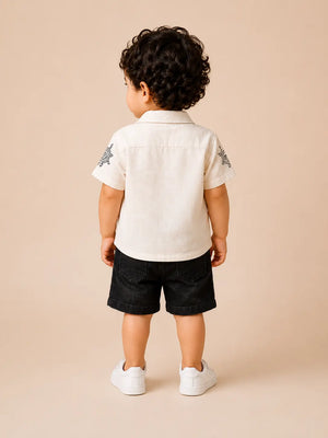 BloomUp White Embroidered 3-Piece Casual Set for Boys – Shirt, Graphic T-Shirt & Denim Shorts Outfit