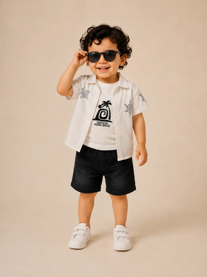BloomUp White Embroidered 3-Piece Casual Set for Boys – Shirt, Graphic T-Shirt & Denim Shorts Outfit