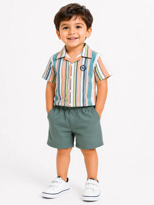 BloomUp Multi-Stripe Shirt & Sage Green Shorts Co-ord Set for Boys – Smart Casual Summer Outfit