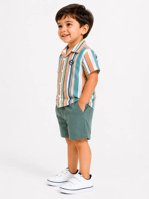 BloomUp Multi-Stripe Shirt & Sage Green Shorts Co-ord Set for Boys – Smart Casual Summer Outfit