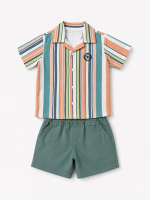 BloomUp Multi-Stripe Shirt & Sage Green Shorts Co-ord Set for Boys – Smart Casual Summer Outfit