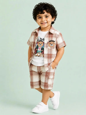 BloomUp Beige Checked 3-Piece Shirt, Graphic T-Shirt & Cargo Shorts Co-ord Set for Boys – Soft Cotton Casual Summer Outfit