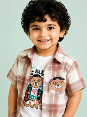 BloomUp Beige Checked 3-Piece Shirt, Graphic T-Shirt & Cargo Shorts Co-ord Set for Boys – Soft Cotton Casual Summer Outfit