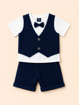 BloomUp Navy Blue 3-Piece Party Wear Set for Boys – Waistcoat, T-Shirt & Shorts Outfit