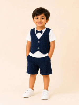BloomUp Navy Blue 3-Piece Party Wear Set for Boys – Waistcoat, T-Shirt & Shorts Outfit
