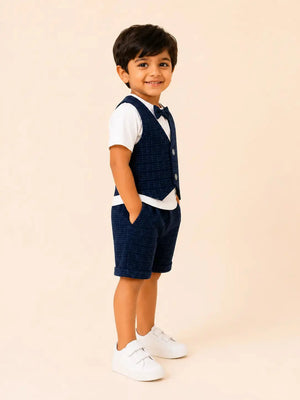 BloomUp Navy Blue 3-Piece Party Wear Set for Boys – Waistcoat, T-Shirt & Shorts Outfit