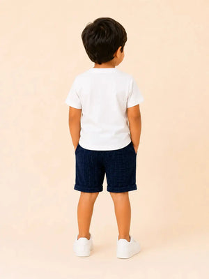BloomUp Navy Blue 3-Piece Party Wear Set for Boys – Waistcoat, T-Shirt & Shorts Outfit
