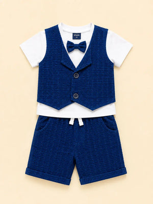 BloomUp Royal Blue 3-Piece Party Wear Set for Boys – Waistcoat, T-Shirt & Shorts Outfit