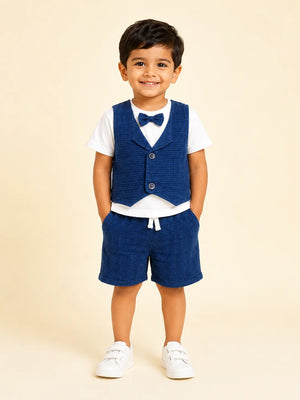 BloomUp Royal Blue 3-Piece Party Wear Set for Boys – Waistcoat, T-Shirt & Shorts Outfit