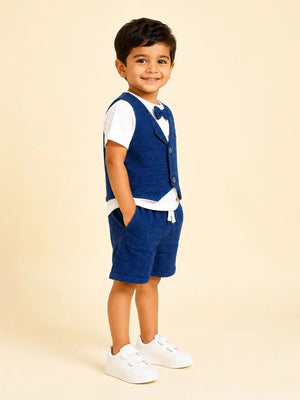 BloomUp Royal Blue 3-Piece Party Wear Set for Boys – Waistcoat, T-Shirt & Shorts Outfit
