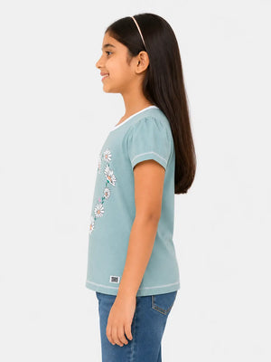 BloomUp Sage Green Daisy Heart Print Top for Girls – Stylish Casual Everyday Wear