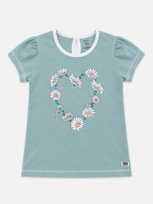 BloomUp Sage Green Daisy Heart Print Top for Girls – Stylish Casual Everyday Wear