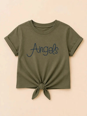 BloomUp Olive Green “Angels” Knot Tie Top for Girls – Stylish Casual Everyday Wear