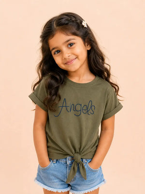 BloomUp Olive Green “Angels” Knot Tie Top for Girls – Stylish Casual Everyday Wear