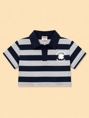 BloomUp Navy Blue Striped Polo Crop Top for Girls – Stylish Casual Everyday Wear