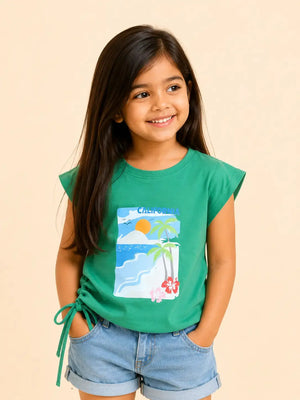 BloomUp Green California Beach Print Side Tie Top for Girls – Stylish Casual Everyday Wear