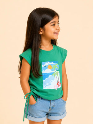 BloomUp Green California Beach Print Side Tie Top for Girls – Stylish Casual Everyday Wear