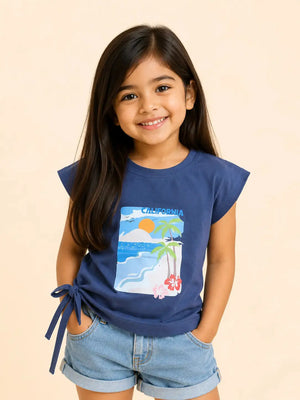 BloomUp Navy Blue California Beach Print Side Tie Top for Girls – Stylish Casual Everyday Wear