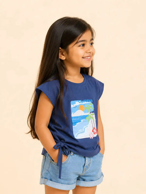 BloomUp Navy Blue California Beach Print Side Tie Top for Girls – Stylish Casual Everyday Wear