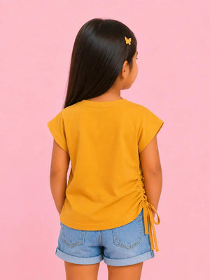 BloomUp Mustard California Beach Print Side Tie Top for Girls – Stylish Casual Everyday Wear