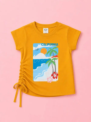 BloomUp Mustard California Beach Print Side Tie Top for Girls – Stylish Casual Everyday Wear