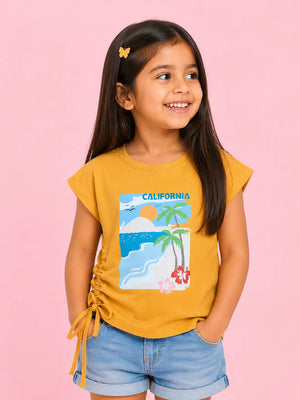 BloomUp Mustard California Beach Print Side Tie Top for Girls – Stylish Casual Everyday Wear