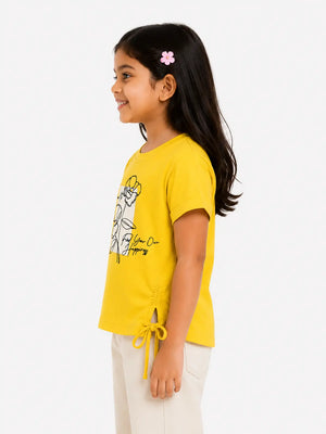 BloomUp Yellow Floral Printed T-Shirt for Girls – Soft Cotton Casual Wear