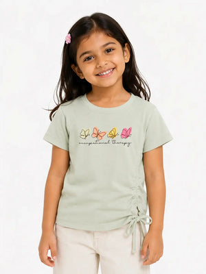 BloomUp Sage Green Butterfly Print Side Tie Top for Girls – Stylish Casual Everyday Wear