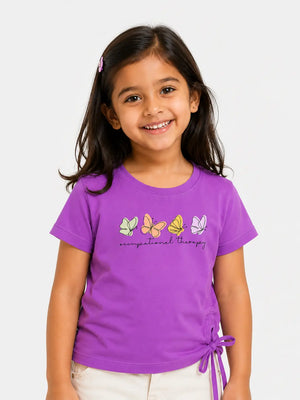 BloomUp Purple Butterfly Print Side Tie Top for Girls – Stylish Casual Everyday Wear