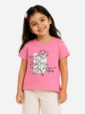 BloomUp Pink Floral Printed T-Shirt for Girls – Soft Cotton Casual Wear