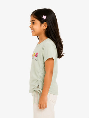 BloomUp Sage Green Butterfly Print Side Tie Top for Girls – Stylish Casual Everyday Wear