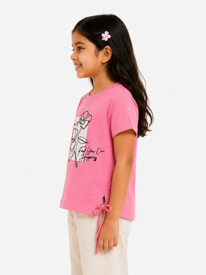 BloomUp Pink Floral Printed T-Shirt for Girls – Soft Cotton Casual Wear
