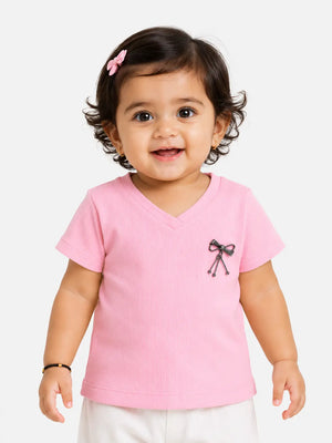 BloomUp Baby Pink Ribbed V-Neck Top for Girls – Casual Everyday Wear