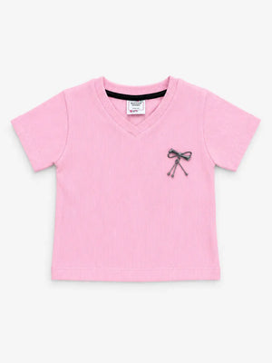 BloomUp Baby Pink Ribbed V-Neck Top for Girls – Casual Everyday Wear