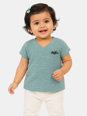 BloomUp Sage Green Ribbed V-Neck Top for Girls – Casual Everyday Wear