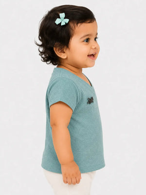 BloomUp Sage Green Ribbed V-Neck Top for Girls – Casual Everyday Wear