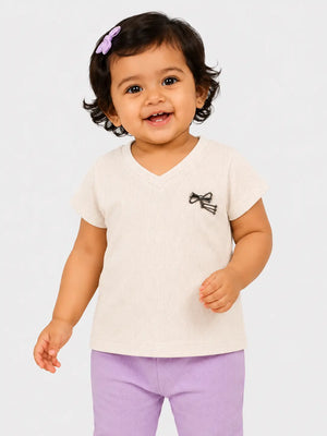 BloomUp Off White Ribbed V-Neck Top for Girls – Casual Everyday Wear