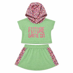 Green Graphic Hoodie & Shorts Co-ord Set for Girls – Soft Cotton Summer Kids Outfit BloomUp