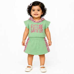 Green Graphic Hoodie & Shorts Co-ord Set for Girls – Soft Cotton Summer Kids Outfit BloomUp