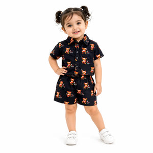 Navy Cartoon Printed Shirt & Shorts Co-ord Set for Kids – Soft Cotton Summer Wear Girls BloomUp