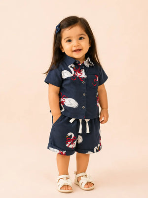 BloomUp Navy Blue Printed Shirt & Shorts Co-ord Set for Girls – Stylish Casual Summer Outfit