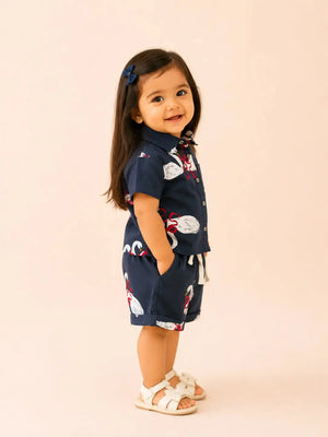 BloomUp Navy Blue Printed Shirt & Shorts Co-ord Set for Girls – Stylish Casual Summer Outfit