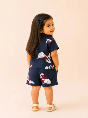 BloomUp Navy Blue Printed Shirt & Shorts Co-ord Set for Girls – Stylish Casual Summer Outfit