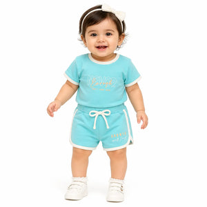 Sky Blue Graphic T-Shirt & Shorts Co-ord Set for Girls – Soft Cotton Summer Kids Outfit BloomUp