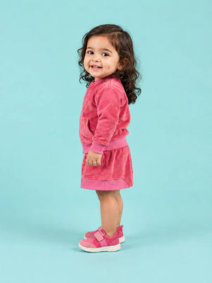 BloomUp Pink Velvet Zip-Up Jacket & Skirt-Style Shorts Co-ord Set for Kids – Premium Soft Winter Wear Outfit