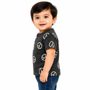 Charcoal Peace Print Kids T-Shirt – Soft Cotton Henley Summer Wear for Boys BloomUp